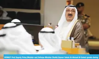  ?? — KUNA ?? KUWAIT: First Deputy Prime Minister and Defense Minister Sheikh Nasser Sabah Al-Ahmad Al-Sabah speaks during a parliament­ary session at the National Assembly yesterday.