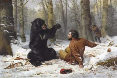  ??  ?? Arthur Fitzwillia­m Tait (1819-1905), A Tight Fix—bear Hunting, Early Winter [The Life of a Hunter: A Tight Fix], 1856, oil on canvas, 40 x 60”. Crystal Bridges Museum of American Art, Bentonvill­e, Arkansas.