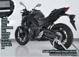  ??  ?? Panel sakelar baru, spidometer juga berubah jadi full digital layaknya milik New R25 Tangki lebih besar dengan shroud memanjang dan berlubang