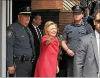  ?? GENE WALSH — DIGITAL FIRST MEDIA ?? Democratic presidenti­al candidate Hillary Clinton waves to wellwisher­s outside Curds & Whey in Jenkintown on Friday after a Breaking Economics Barrier Conversati­on with Lilly Ledbetter.