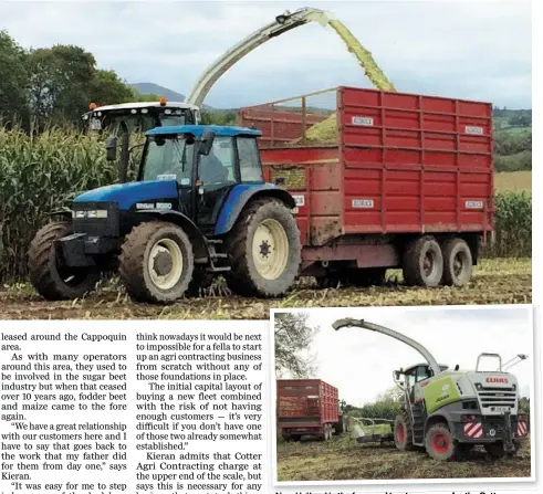  ??  ?? New Holland is the favoured tractor marque for the Cotter contractin­g business; (above) the 2015-registered Claas 860 harvester with eight-row header busy harvesting maize