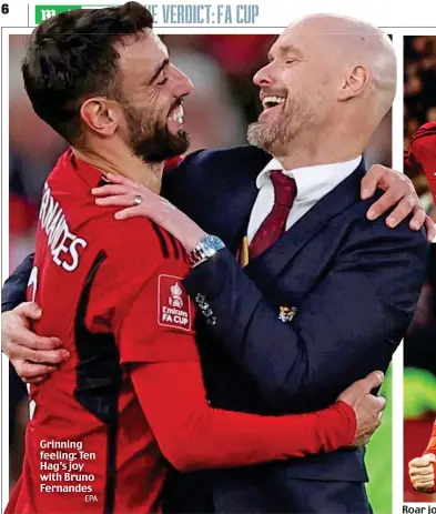  ?? EPA ?? Grinning feeling: Ten Hag’s joy with Bruno Fernandes