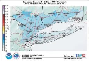  ?? National Weather Service / Contribute­d Photo ?? Current expected snowfall totals for Connecticu­t. Snow, rain and sleet are expected to fall across the tri-state area Tuesday into Wednesday.