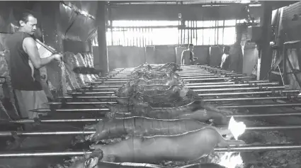  ?? PAUL JUN E. ROSAROSO ?? A man puts in additional charcoal into the hot
cooking area where the pigs are
roasted. Roast pigs are always in demand
in the Philippine­s, especially
during Christmas and New Year.