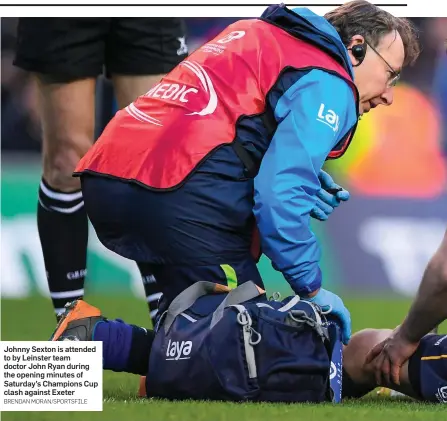  ?? BRENDAN MORAN/SPORTSFILE ?? Johnny Sexton is attended to by Leinster team doctor John Ryan during the opening minutes of Saturday’s Champions Cup clash against Exeter