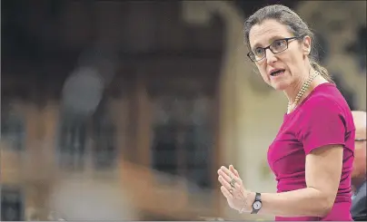  ?? CP PHOTO ?? Minister of Foreign Affairs Chrystia Freeland responds to a question during question period in the House of Commons on Parliament Hill in Ottawa on Thursday.