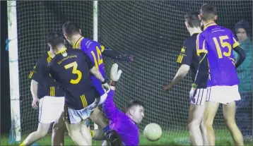  ??  ?? Danielius Niekis (14) scoring the second Geraldine O’Hanrahans goal in Friday’s Greenstar New Ross District Under-21 football Roinn 1 final win over Adamstown in Gusserane.