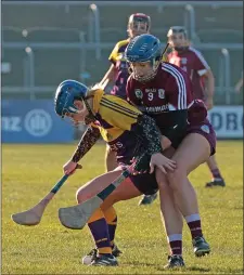  ??  ?? Eimear O’Connor ofWexford tussles for the ball with Galway’s Finola Keeley during Sunday’s clash in Innovate Wexford Park.