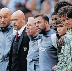  ?? EPA ?? MANCHESTER United manager Eric Ten Hag, second from left, said there were ‘mixed feelings’ in the dressing room after Sunday’s FA Cup match. |