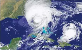  ?? NOAA-NASA GOES PROJECT/HANDOUT ?? A satellite image shows Hurricane Jose, right, spinning in the Atlantic on Monday afternoon as Hurricane Irma moves through northern Florida and into southersn Georgia.