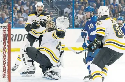  ?? CHRIS O'MEARA/THE ASSOCIATED PRESS ?? Bruins goalie Tuukka Rask turns to make a quick glove save, robbing J.T. Miller of the Lightning on Saturday.