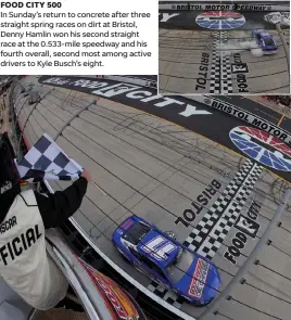  ?? (Jonathan Bachman photos/Getty Images) ?? Denny Hamlin, driver of the #11 Express Oil Change Toyota, takes the checkered flag to win the Cup Series Food City 500 at Bristol Motor Speedway Sunday.