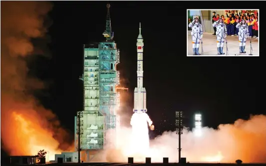  ?? ?? The Shenzhou-13 spacecraft on the Long March 2F rocket lifts off early Saturday morning, sending three taikonauts to space. Inset: The crew prepares for launch.