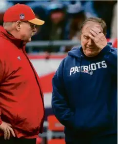  ?? MATTHEW J. LEE/GLOBE STAFF ?? Andy Reid (left) is one of the few coaches who can fully appreciate what Bill Belichick’s season has been like.