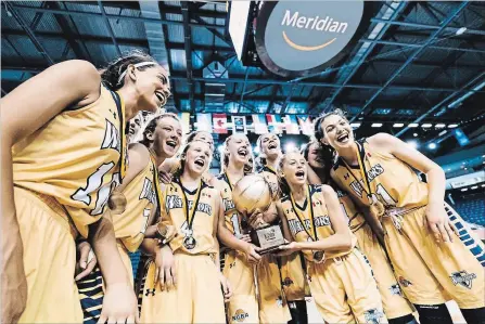  ?? NBA ?? The Welland Warriors girls under-14 basketball team celebrate winning the gold medal at the inaugural Jr. NBA Canadian Championsh­ip Sunday at Meridian Centre in St. Catharines.