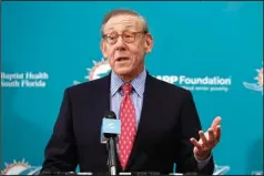  ?? The Associated Press ?? FINANCIAL INTEREST: Miami Dolphins owner Stephen Ross speaks on Feb. 4 in Davie, Fla. Ross, a billionair­e New York investor who is hosting a high-dollar fundraiser for President Donald Trump, has a financial interest in the president’s business empire.