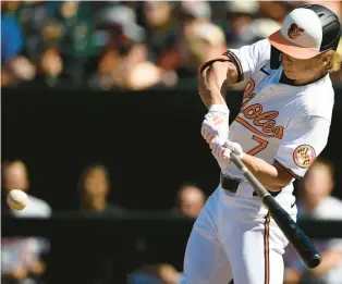  ?? NICK WASS/AP ?? The Orioles’ Jackson Holliday swings for his first major league hit, a single during the seventh inning of Sunday’s win over Milwaukee in Baltimore.