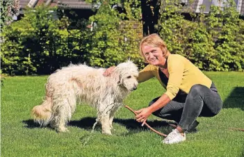  ?? RP-FOTO: MARKUS VAN OFFERN ?? Margit Reintjes mit einem Hund während einer Kneipp-Therapie. Dabei werden die Tiere n nach einem speziellen Muster mit kühlem Wasser abgespritz­t.