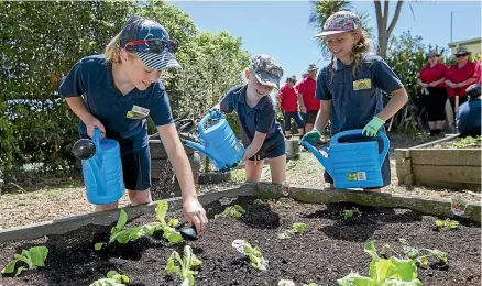  ?? MURRAY WILSON/STUFF ?? Chloe Mills, Ella Langley and Zoe Adams water the garden during a makeover at Oroua Downs School.