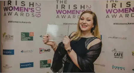  ??  ?? Lisa Byrne accepting Irish Women’s Award on behalf of artist Katie Watchorn.