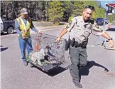  ?? JIM THOMPSON/JOURNAL ?? Sandoval County worker Lawrence Taraddei and Sandoval County Sheriff’s Sgt. A. Nieves move a cage of poodles that was removed from a home being evacuated due to a threat from the Cajete Fire in the Jemez Mountains.