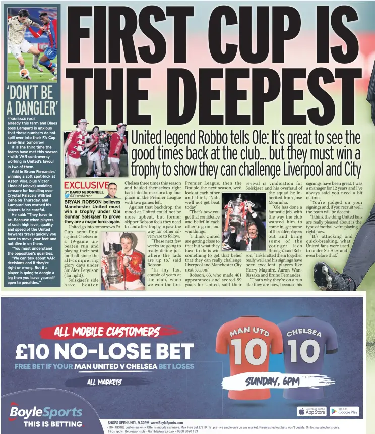  ??  ?? already this term and Blues boss Lampard is anxious that those numbers do not spill over into their FA Cup semi-final tomorrow.
It is the third time the teams have met this season – with VAR controvers­y working in United’s favour in two of them.
Add in Bruno Fernandes’ winning a soft spot-kick at Aston Villa, plus Victor Lindelof (above) avoiding censure for bundling over Crystal Palace’s Wilfried Zaha on Thursday, and Lampard has warned his players to be careful.
He said: “They have to be. Because when players of such high level, quality and speed of the United forwards travel quickly you have to move your feet and not dive in on them.
“You must understand the opposition’s qualities.
“We can talk about VAR decisions and if they’re right or wrong. But if a player is going to dangle a leg then you leave yourself open to penalties.”