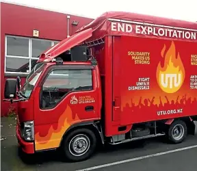  ??  ?? One Union parks its utu truck outside the homes of employers who exploit migrant workers. One Union advocate Matt McCarten describes the $150 fines handed down to an Auckland mall massage shop for underpayin­g a worker as ‘‘outrageous’’.