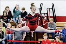  ?? PILOT PHOTOS/RUDY MARQUEZ ?? ABOVE: Tessa Hutchinson performs on the floor, earning a first place with a score of 9.35.