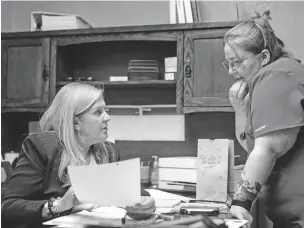  ?? JOANNA KULESZA/NEW YORK TIMES FILE PHOTO ?? Julie Burkhart, left, founder of Wellspring Health Access, works last year with a medical assistant in Casper, Wyo. The only clinic in the state — where abortion is banned — operates on a judge’s injunction as Wyoming grapples with the complexiti­es of a post-Roe nation.