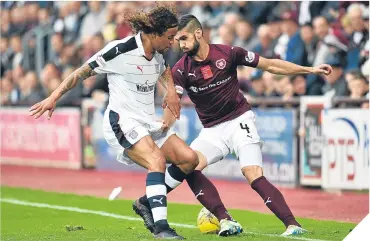  ??  ?? ■ Hearts’ Igor Rossi fights to retain the ball against Dundee’s Yordi Teijsse.