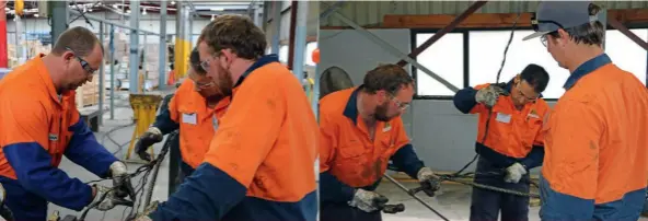  ??  ?? Above left: Cookes Senior Field Technician, Jan Jacobs (left), instructin­g the GMT Logging crew in splice technique. Above right: The GMT Logging crew practicing splicing at Cookes Wire Ropes.
Bottom: The Harvestlin­e main rope, showing bend fatigue...