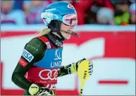  ?? MARCO TROVATI/AP PHOTO ?? Mikaela Shiffrin of the United States celebrates in the finish area after winning the women’s World Cup slalom on Sunday at Lienz, Austria.