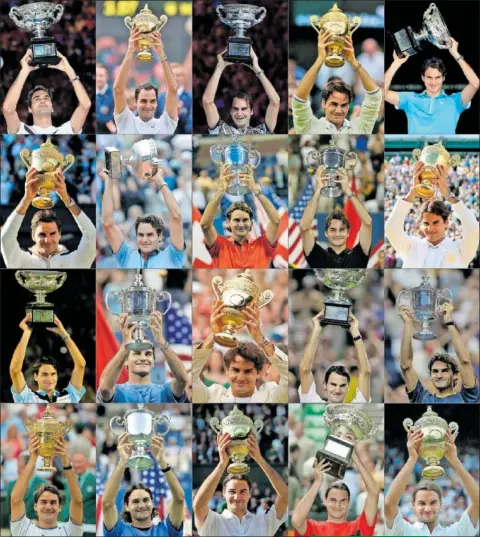  ?? ?? Roger Federer, con algunos de los trofeos que han marcado su legendaria carrera.