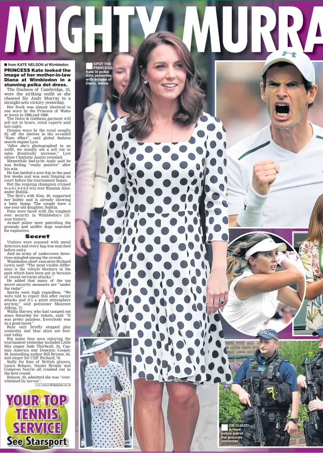  ??  ?? from KATE NELSON at Wimbledon SPOT THE PRINCESS: Kate in polka dots yesterday, with echoes of Diana, below