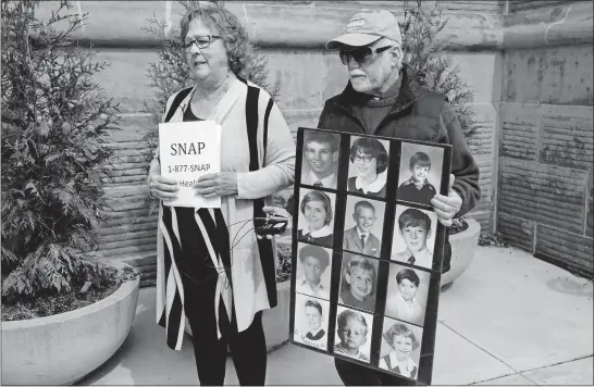  ?? [JOSHUA A. BICKEL/DISPATCH] ?? Judy Jones, Midwest leader of Survivors Network of those Abused by Priests, and Steven Spaner, a SNAP volunteer coordinato­r, spoke during a news conference on Wednesday outside St. Joseph Cathedral in Columbus. Jones wants the Columbus diocese to release more informatio­n about clergy “credibly accused” of abuse, including their assignment history in the dicoese.