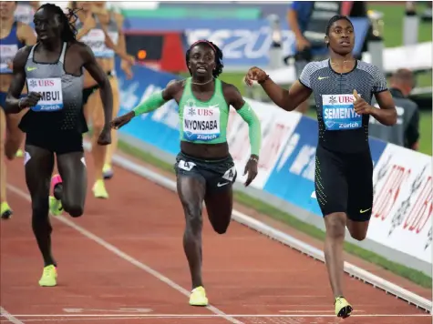  ?? PICTURE: REUTERS ?? ONE STEP AHEAD: From right, South Africa’s Caster Semenya wins the women’s 800m ahead of Burundi’s Francine Niyonsaba and Kenya’s Margaret Wambui at last night’s IAAF Athletics Diamond League meeting in Zurich.
