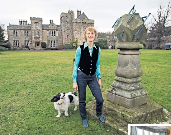  ??  ?? ANTIQUE FUN AND ANIMAL ANTICS
Fiona Jell in front of Coupland Castle with her dog Patches, main; above, the library; below, the dining room where Robin rode his horse