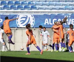  ??  ?? FARO: Netherland­s’ players celebrate after scoring a goal during the Algarve Cup football match between Japan and Netherland­s at Algarve stadium in Faro yesterday. — AFP