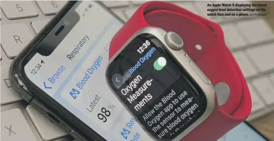  ?? GETTY IMAGES ?? An Apple Watch 9 displaying the bloodoxyge­n level detection settings on the watch face and on a phone.