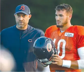  ?? BRIAN O’MAHONEY/SUN-TIMES ?? Bears coach Matt Nagy limited starting quarterbac­k Mitch Trubisky to just 18 passes in the preseason, a move that has kept much of his offensive potential a mystery to the Packers.