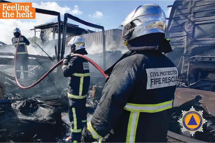  ?? Photo: Civil Protection Department ?? Over 30 firefighte­rs were called to put out a huge blaze that engulfed part of a trailer yard in Żebbuġ on Saturday. More than 250,000 litres of water and 3,000 litres of foam were used in the operation. Luckily, no one was injured.