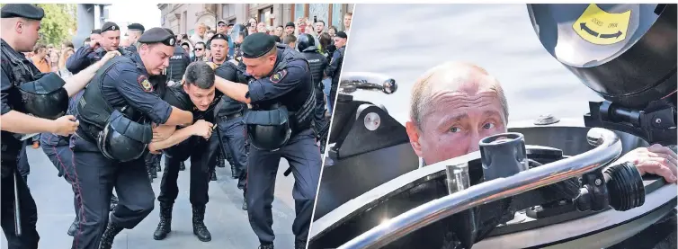  ?? FOTOS: DPA ?? Während Polizisten einen Mann bei der Demo in Moskaus Zentrum festhalten, taucht der Präsident ab. Wladimir Putin fuhr am Samstag mit einem Mini-U-Boot am Finnischen Meerbusen durch die Ostsee.