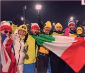  ??  ?? ● 1 I tifosi (con infiltrata inglese) del Fan Club di Federico Pellegrino. Con loro, è il quarto da sinistra, anche lo zio Giorgio; ● 2 Sepp Chenetti, responsabi­le azzurro dello sci di fondo; ● 3 Pellegrino travolto dopo l’arrivo dall’abbraccio della...