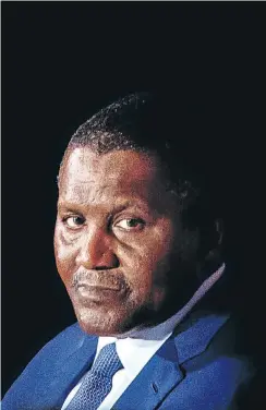  ?? Picture: Getty Images ?? Aliko Dangote, billionair­e and CEO of Dangote Group, looks to rival South Africa’s Phuthuma Nhleko for PPC.