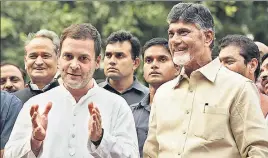  ?? SONU MEHTA/HT ?? Congress president Rahul Gandhi and Andhra Pradesh chief minister N Chandrabab­u Naidu address the media after their meeting at Gandhi’s home in New Delhi on Thursday. Naidu also met NCP chief Sharad Pawar and NC leader Farooq Abdullah earlier in the day.