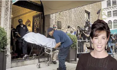  ?? AFP, REUTERS ?? City workers carry the body of fashion designer Kate Spade out of her apartment building after she was found dead of an apparent suicide in New York on June 5. Inset shows Spade arriving at a Council of Fashion Designers of America awards in New York...