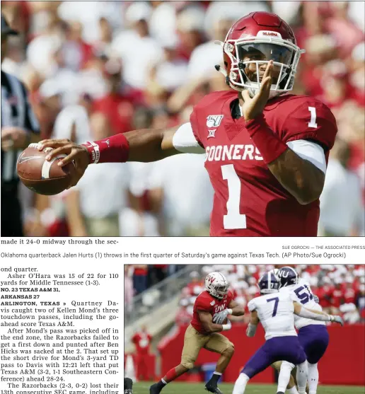  ?? SUE OGROCKI — THE ASSOCIATED PRESS ?? Oklahoma quarterbac­k Jalen Hurts (1) throws in the first quarter of Saturday’s game against Texas Tech. (AP Photo/Sue Ogrocki)