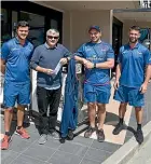  ??  ?? Gavin Dickson, second from left, was presented with tickets to today’s Mitre 10 Cup semifinal at Trafalgar Park by Tasman Mako players Jamie Spowart, Vernon Fredericks and Billy Guyton.