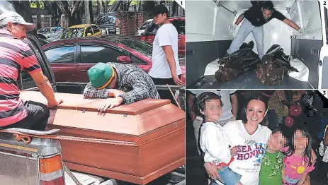  ?? FOTOS: ESTALIN IRÍAS ?? 1 2 3 (1) José Castejón llora sobre el féretro de su hermano en las afueras de Medicina Forense. (2) Los cuerpos fueron ingresados ayer en la madrugada a la morgue del Ministerio Público. (3) Karina Yissel en una fotografía con tres de sus hijos menores.