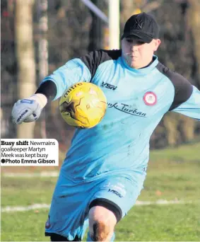  ??  ?? Busy shift Newmains goalkeeper Martyn Meek was kept busy